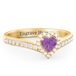 V-Shaped Halo Heart Ring with Accented Band in 18K Gold Plated Silver with Amethyst and White Premium Zirconia
