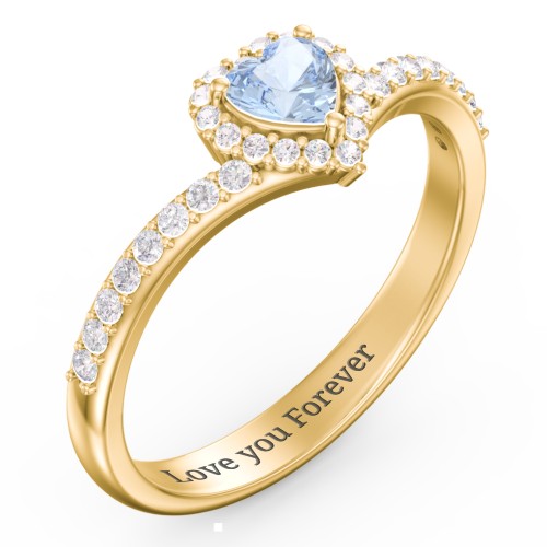 V-Shaped Halo Heart Ring with Accented Band – 18K Gold Plated Silver with Aquamarine and White Premium Zirconia