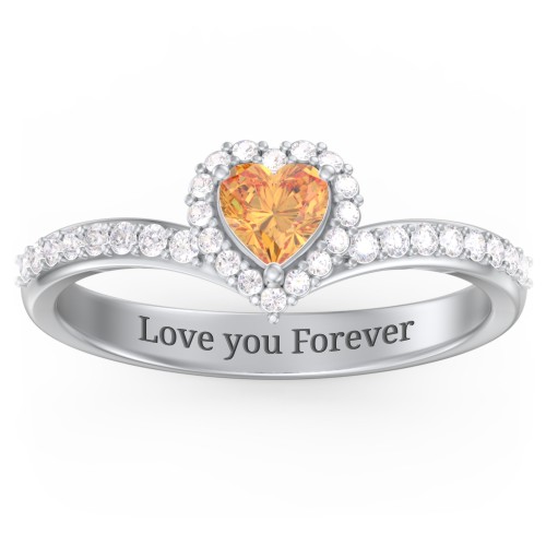 V-Shaped Halo Heart Ring with Accented Band