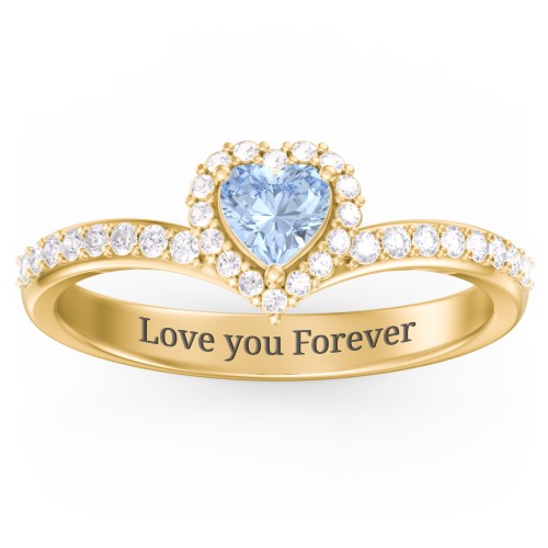 V-Shaped Halo Heart Ring with Accented Band – 18K Gold Plated Silver with Aquamarine and White Premium Zirconia
