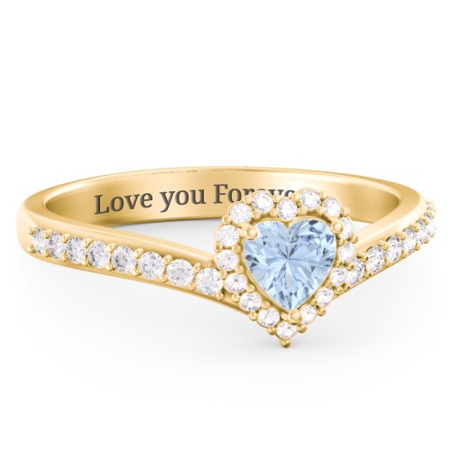 V-Shaped Halo Heart Ring with Accented Band – 18K Gold Plated Silver with Aquamarine and White Premium Zirconia