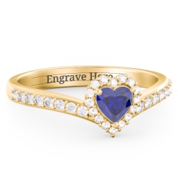 V-Shaped Halo Heart Ring with Accented Band in 18K Gold Plated Silver with Blue Sapphire and White Premium Zirconia