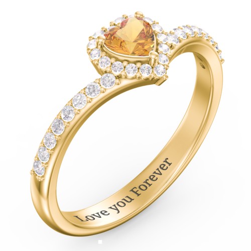 V-Shaped Halo Heart Ring with Accented Band – 18K Gold Plated Silver with Citrine and White Premium Zirconia