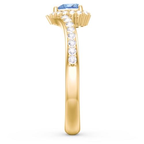 V-Shaped Halo Heart Ring with Accented Band – 18K Gold Plated Silver with Blue Topaz and White Premium Zirconia
