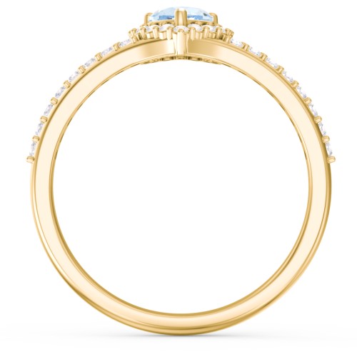 V-Shaped Halo Heart Ring with Accented Band – 18K Gold Plated Silver with Aquamarine and White Premium Zirconia