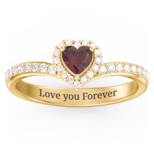 V-Shaped Halo Heart Ring with Accented Band – 18K Gold Plated Silver with Garnet and White Premium Zirconia