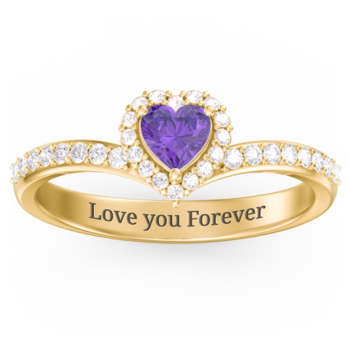 V-Shaped Halo Heart Ring with Accented Band – 18K Gold Plated Silver with Amethyst and White Premium Zirconia