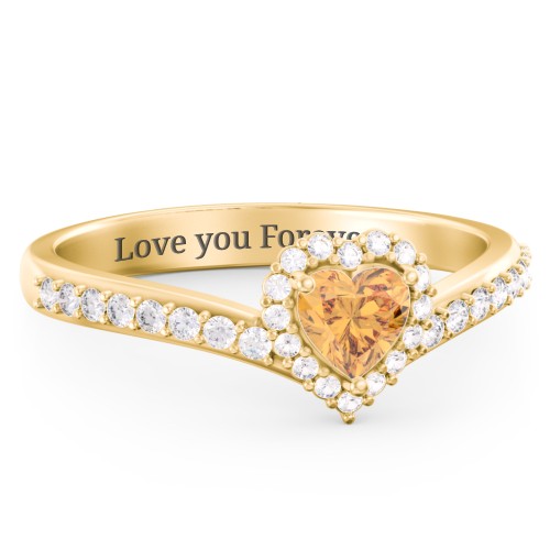 V-Shaped Halo Heart Ring with Accented Band – 18K Gold Plated Silver with Citrine and White Premium Zirconia