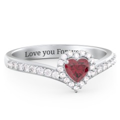V-Shaped Halo Heart Ring with Accented Band – 10K White Gold with Ruby and White Premium Zirconia