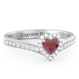 V-Shaped Halo Heart Ring with Accented Band in 10K Solid White Gold with Ruby and White Premium Zirconia