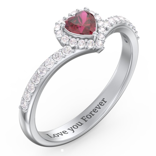 V-Shaped Halo Heart Ring with Accented Band – 10K White Gold with Ruby and White Premium Zirconia