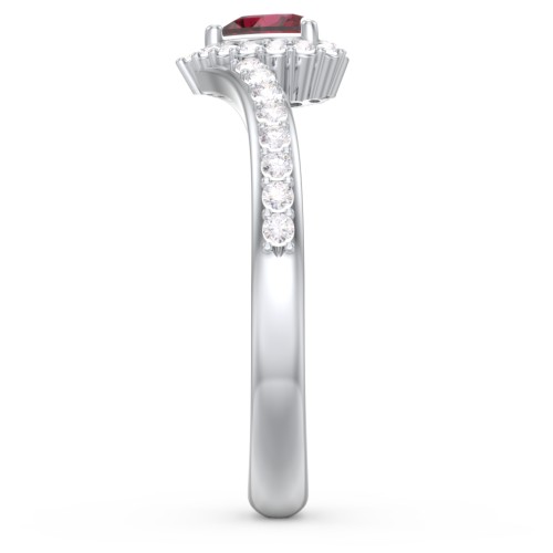 V-Shaped Halo Heart Ring with Accented Band – 10K White Gold with Ruby and White Premium Zirconia