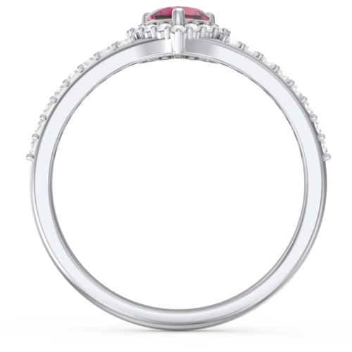 V-Shaped Halo Heart Ring with Accented Band – 10K White Gold with Ruby and White Premium Zirconia