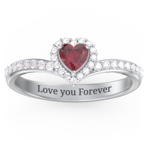 V-Shaped Halo Heart Ring with Accented Band – 10K White Gold with Ruby and White Premium Zirconia