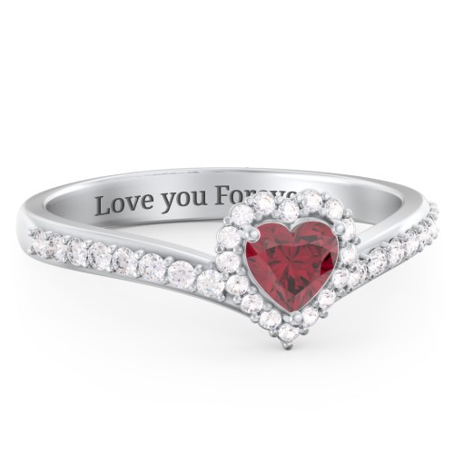 V-Shaped Halo Heart Ring with Accented Band – 10K White Gold with Ruby and White Premium Zirconia