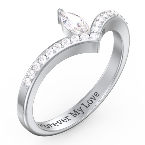 Marquise Birthstone V-Shape Ring With Accents – Sterling Silver with Cubic Zirconia and White Premium Zirconia