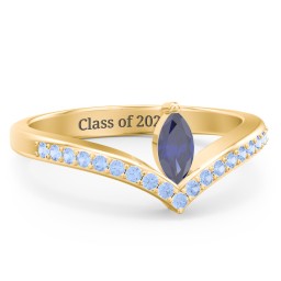 Marquise Birthstone V-Shape Ring With Accents in 18K Gold Plated Silver with Blue Sapphire and Fancy Blue Premium Zirconia
