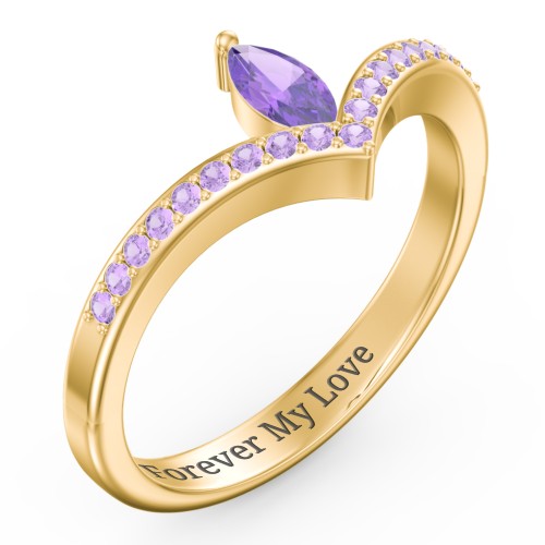 Marquise Birthstone V-Shape Ring With Accents – 18K Gold Plated Silver with Amethyst and Amethyst Premium Zirconia