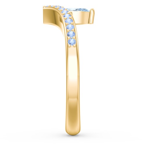 Marquise Birthstone V-Shape Ring With Accents – 18K Gold Plated Silver with Aquamarine and Fancy Blue Premium Zirconia