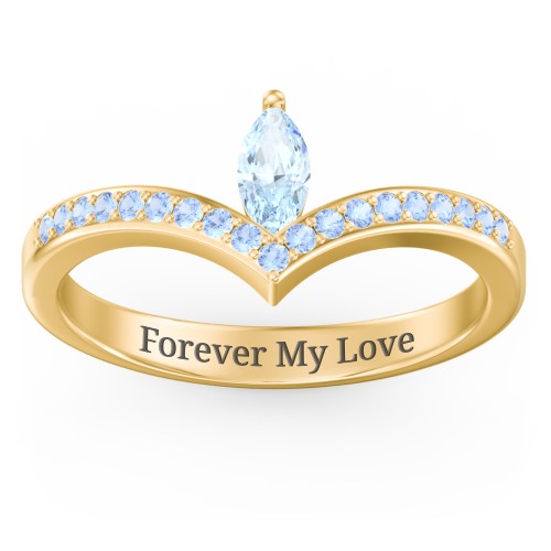 Marquise Birthstone V-Shape Ring With Accents – 18K Gold Plated Silver with Aquamarine and Fancy Blue Premium Zirconia