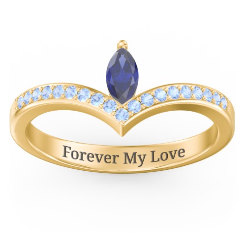 Marquise Birthstone V-Shape Ring With Accents – 18K Gold Plated Silver with Blue Sapphire and Fancy Blue Premium Zirconia