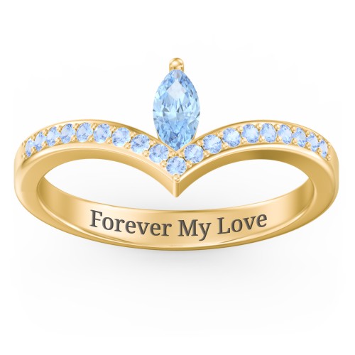 Marquise Birthstone V-Shape Ring With Accents – 18K Gold Plated Silver with Blue Topaz and Fancy Blue Premium Zirconia