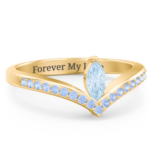 Marquise Birthstone V-Shape Ring With Accents – 18K Gold Plated Silver with Aquamarine and Fancy Blue Premium Zirconia
