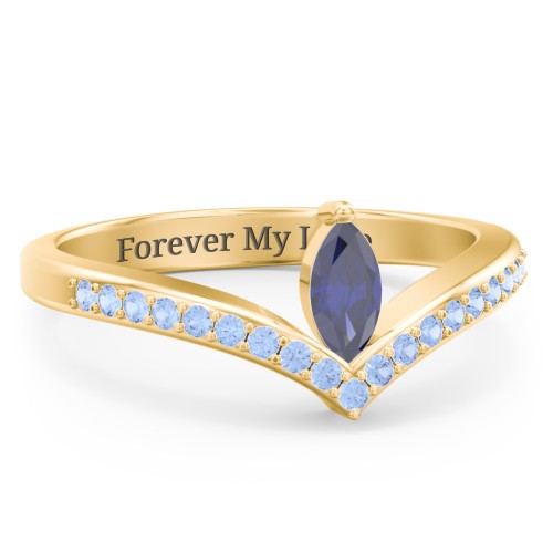 Marquise Birthstone V-Shape Ring With Accents – 18K Gold Plated Silver with Blue Sapphire and Fancy Blue Premium Zirconia