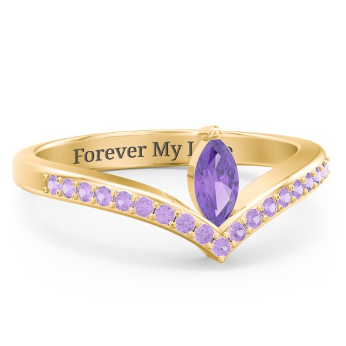 Marquise Birthstone V-Shape Ring With Accents – 18K Gold Plated Silver with Amethyst and Amethyst Premium Zirconia