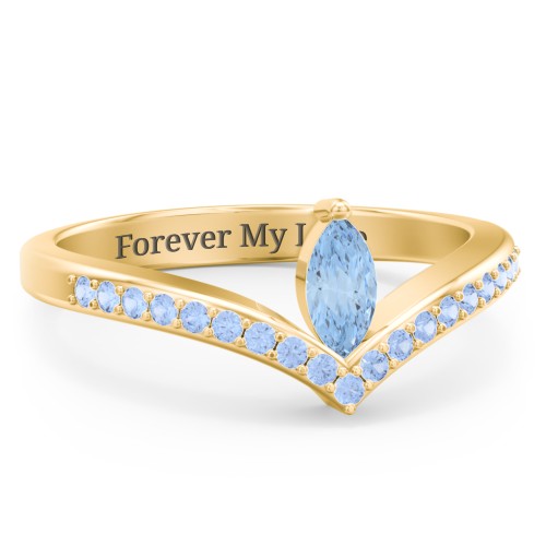 Marquise Birthstone V-Shape Ring With Accents – 18K Gold Plated Silver with Blue Topaz and Fancy Blue Premium Zirconia