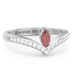 Marquise Birthstone V-Shape Ring With Accents – 10K White Gold with Red Premium Zirconia and White Premium Zirconia