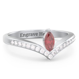 Marquise Birthstone V-Shape Ring With Accents in 10K Solid White Gold with Red Premium Zirconia and White Premium Zirconia