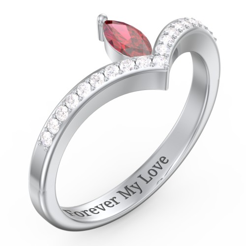 Marquise Birthstone V-Shape Ring With Accents – 10K White Gold with Red Premium Zirconia and White Premium Zirconia