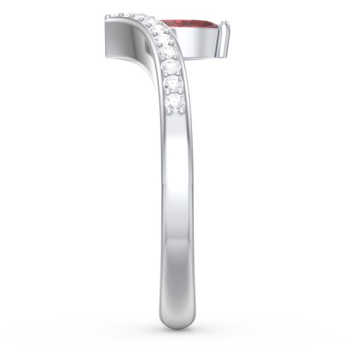 Marquise Birthstone V-Shape Ring With Accents – 10K White Gold with Red Premium Zirconia and White Premium Zirconia