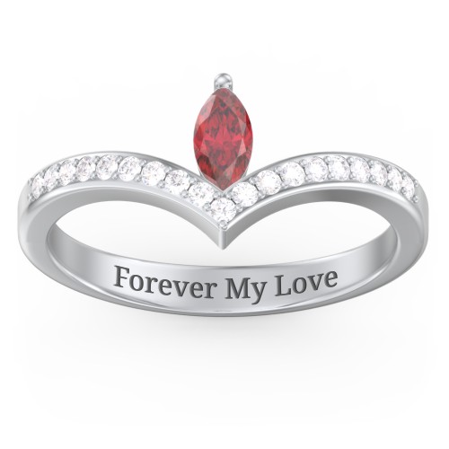 Marquise Birthstone V-Shape Ring With Accents – 10K White Gold with Red Premium Zirconia and White Premium Zirconia