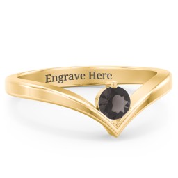 Round Birthstone V-Shape Ring in 18K Gold Plated Silver with Smokey Quartz and Lab Diamond