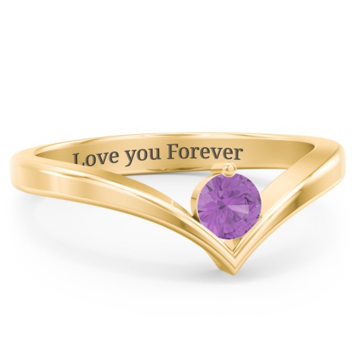 Round Birthstone V-Shape Ring – 18K Gold Plated Silver with Amethyst