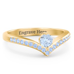 Round Birthstone V-Shape Ring With Accents in 18K Gold Plated Silver with Aquamarine and Fancy Blue Premium Zirconia