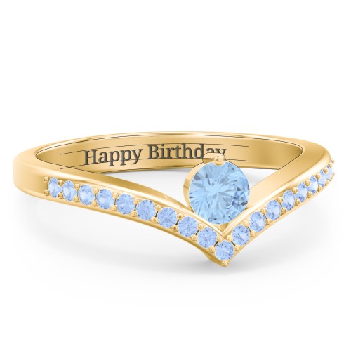 Round Birthstone V-Shape Ring With Accents – 18K Gold Plated Silver with Blue Topaz and Fancy Blue Premium Zirconia