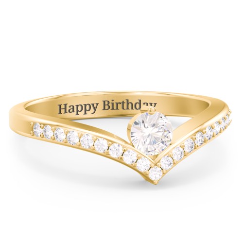 Round Birthstone V-Shape Ring With Accents – 18K Gold Plated Silver with Cubic Zirconia and White Premium Zirconia