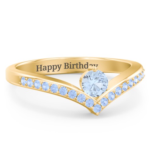 Round Birthstone V-Shape Ring With Accents – 18K Gold Plated Silver with Aquamarine and Fancy Blue Premium Zirconia