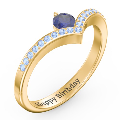 Round Birthstone V-Shape Ring With Accents – 18K Gold Plated Silver with Blue Sapphire and Fancy Blue Premium Zirconia