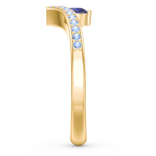 Round Birthstone V-Shape Ring With Accents – 18K Gold Plated Silver with Blue Sapphire and Fancy Blue Premium Zirconia
