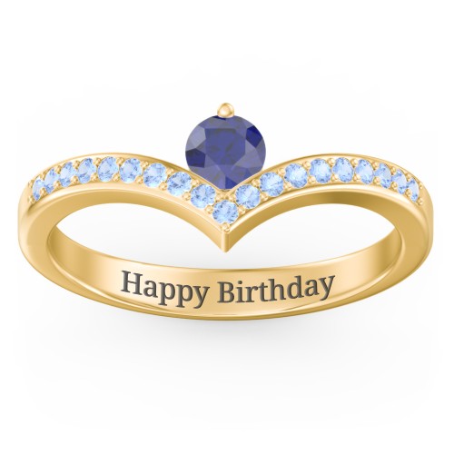 Round Birthstone V-Shape Ring With Accents – 18K Gold Plated Silver with Blue Sapphire and Fancy Blue Premium Zirconia