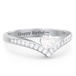 Round Birthstone V-Shape Ring With Accents in 925 Sterling Silver with White Premium Zirconia