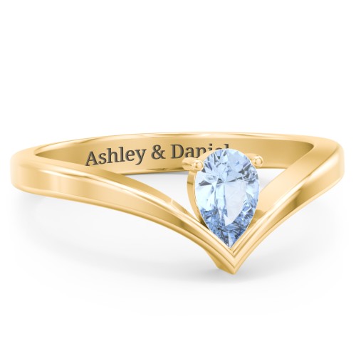 Pear Birthstone V-Shape Ring – 18K Gold Plated Silver with Aquamarine