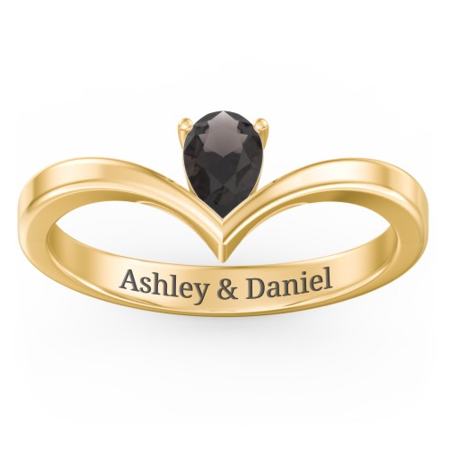 Pear Birthstone V-Shape Ring – 18K Gold Plated Silver with Smokey Quartz