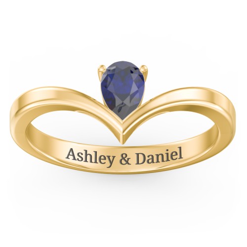 Pear Birthstone V-Shape Ring – 18K Gold Plated Silver with Blue Sapphire