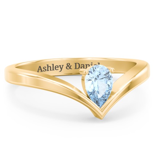 Pear Birthstone V-Shape Ring – 18K Gold Plated Silver with Aquamarine