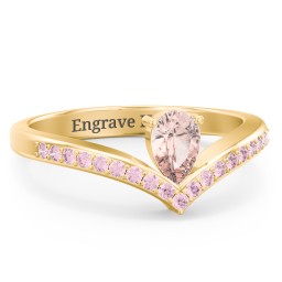 Pear Birthstone V-Shape Ring With Accents in 18K Gold Plated Silver with Morganite and Fancy Pink Premium Zirconia